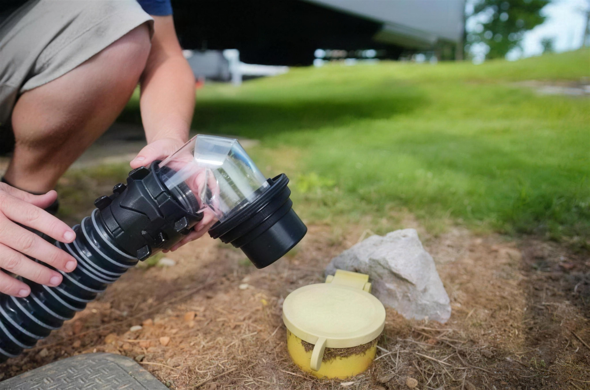 Gravity sewer hose kit set up at an RV campsite